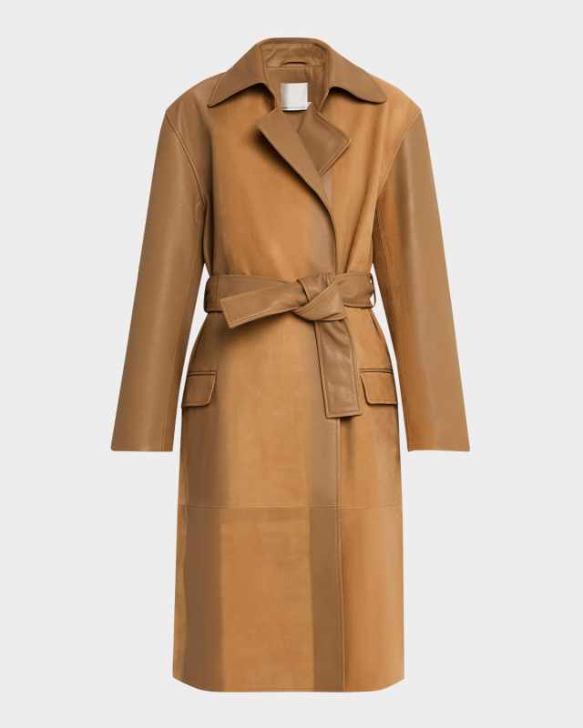 Scuffed Leather Long Wrap Coat